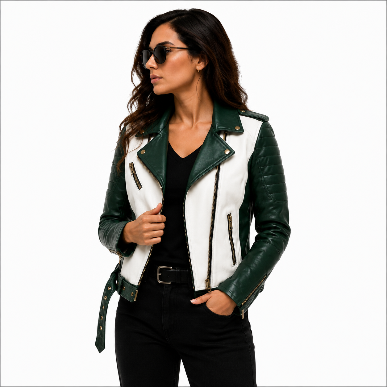 Women's Green & White Biker Leather Jacket