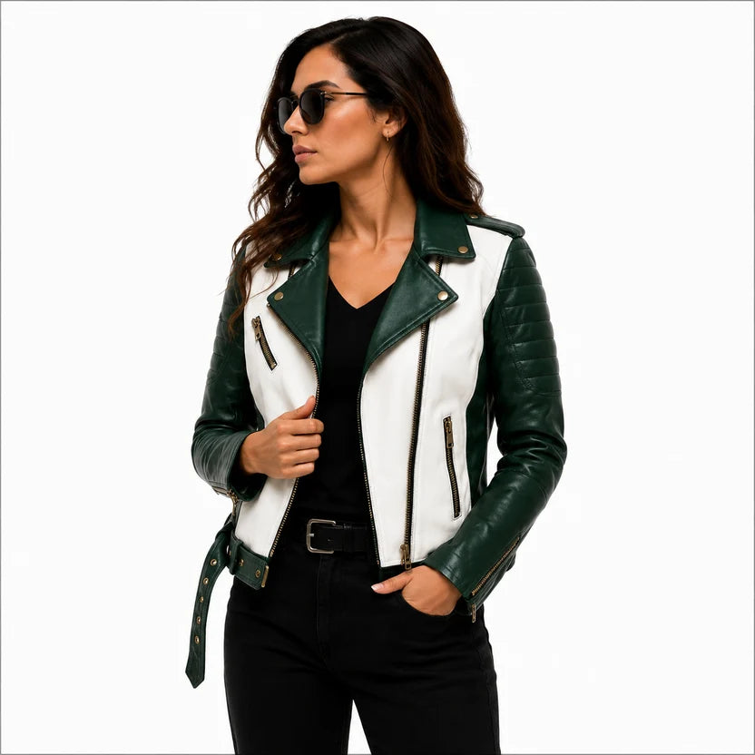 women's white bicolor moto jacket