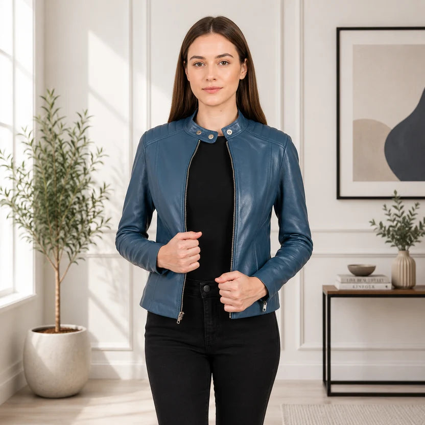 Women's Black Genuine Leather Cafe Racer Jacket