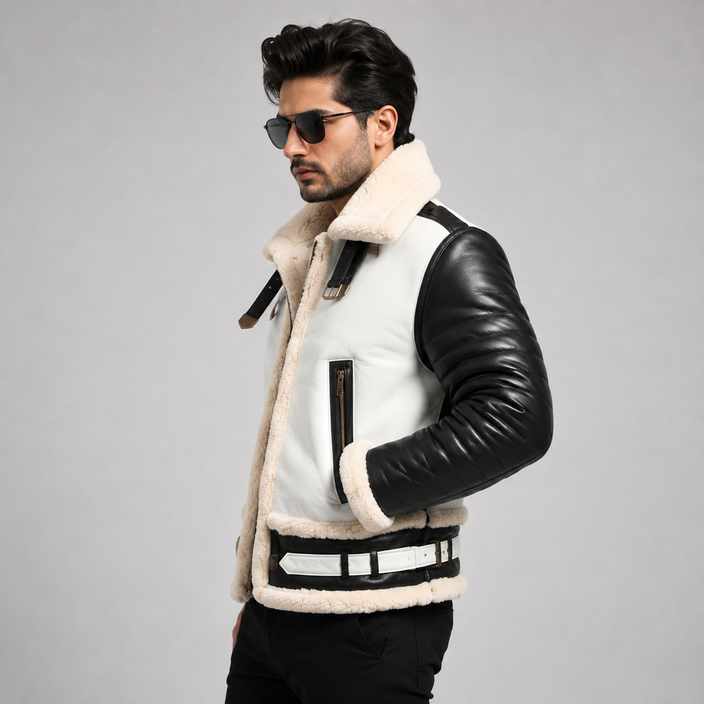 Men's Black and White Shearling Bomber Jacket