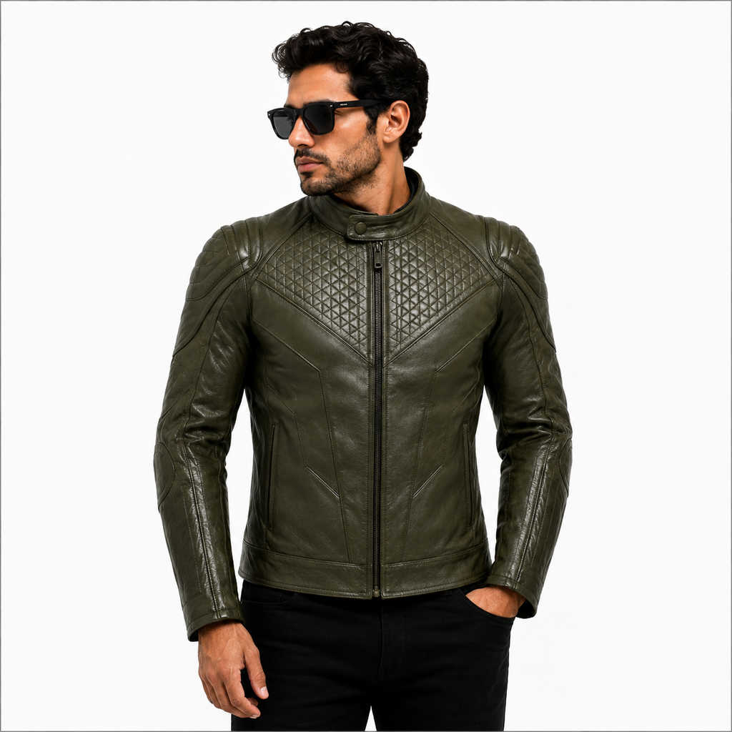 Men's Olive Green Quilted Racer Leather Jacket