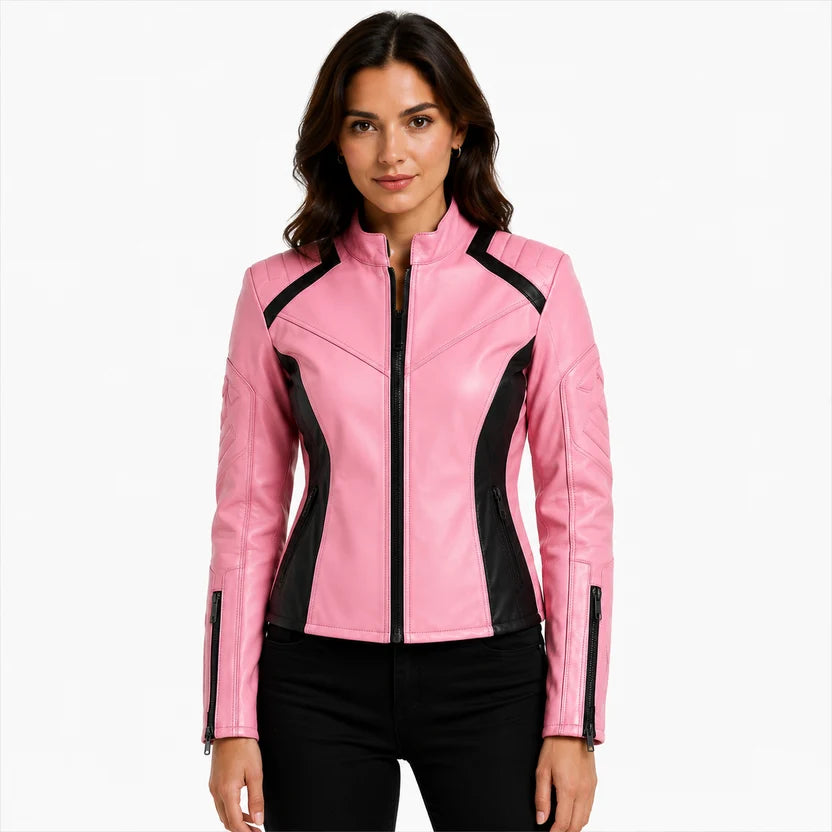 women's pink black panel leather moto jacket