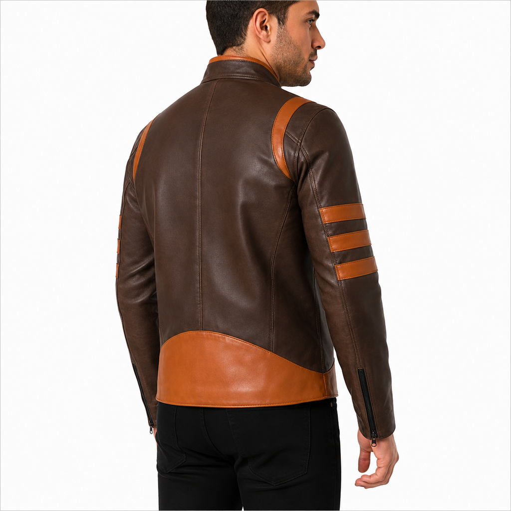 Men's Brown Tan Striped Genuine Leather Cafe Racer Jacket