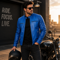 Dodge Men's Blue Lambskin Genuine Leather Cafe Racer Biker Style Jacket