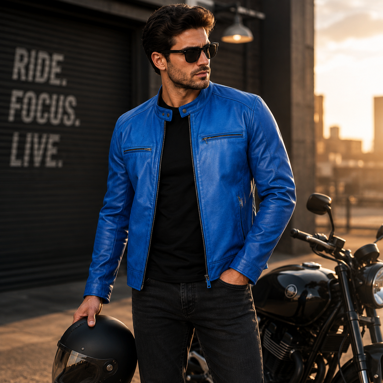Dodge Men's Blue Lambskin Genuine Leather Cafe Racer Biker Style Jacket