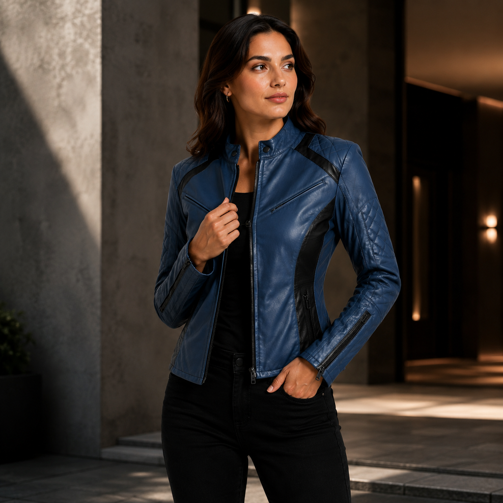 Women's Blue and Black Two-Tone Cafe Racer Leather Jacket