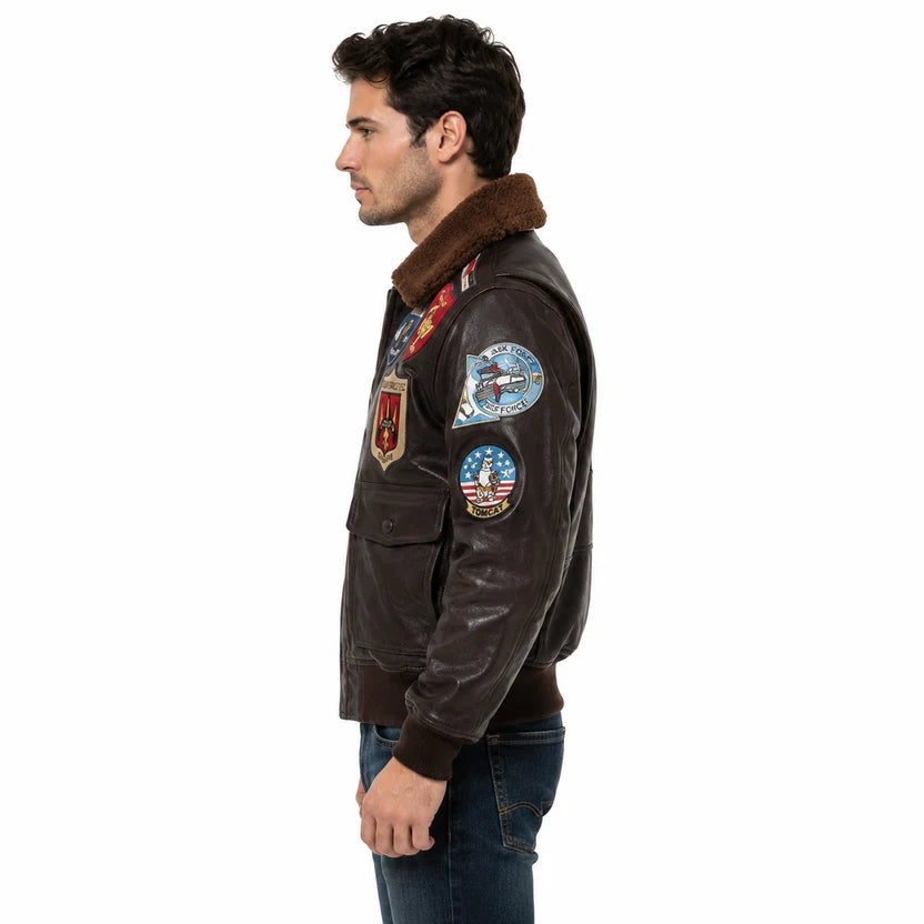 Men's Black Genuine Leather Top Gun Bomber Aviator Jacket