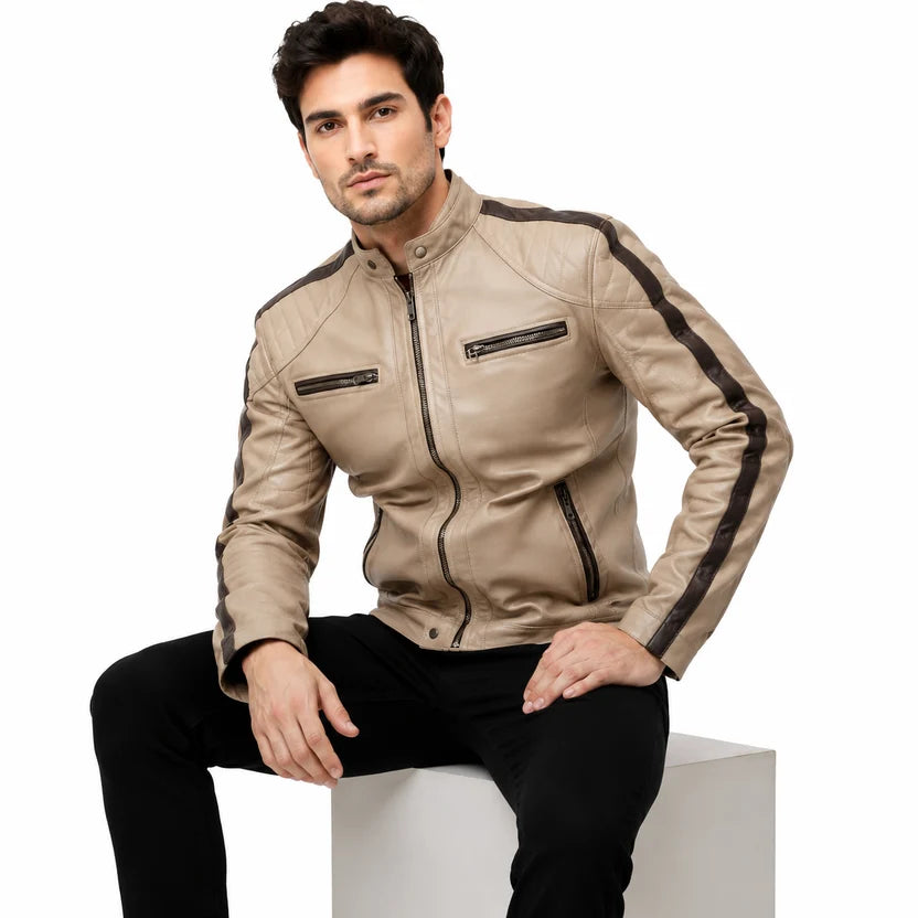 Brown stripe on shoulder and sleeve of beige motorcycle jacket