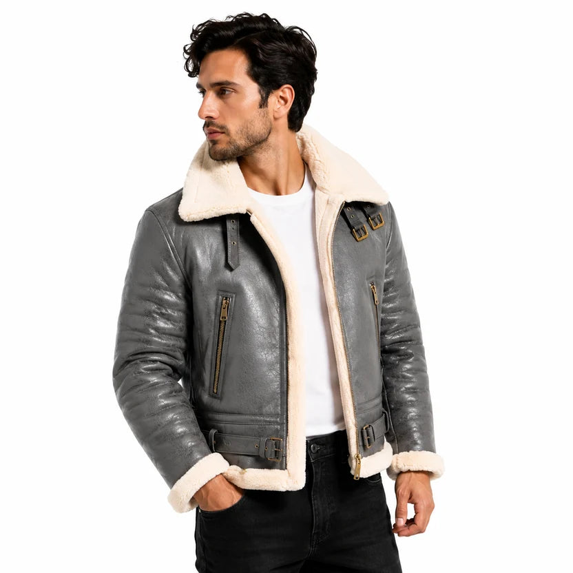 Grey leather bomber jacket