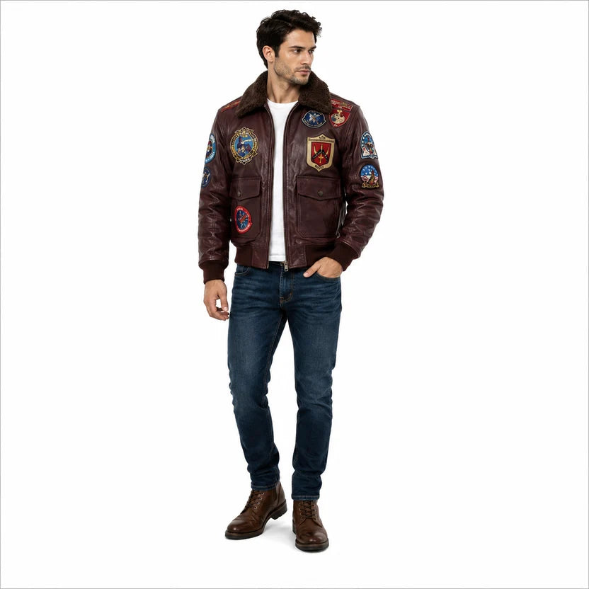 Brown Leather Aviation Jacket with Embroidered Patches
