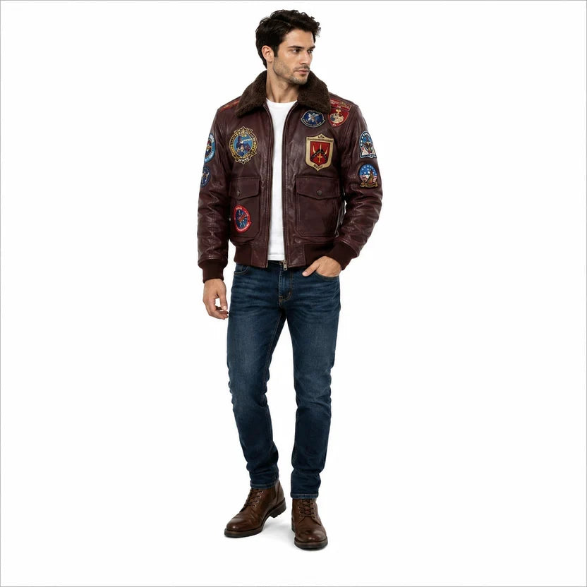 Men's Black Genuine Leather Top Gun Bomber Aviator Jacket