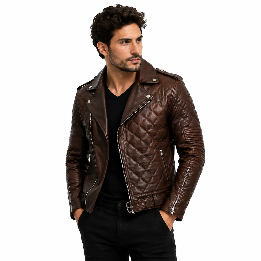 Men's Quilted Biker Brown Leather Jacket