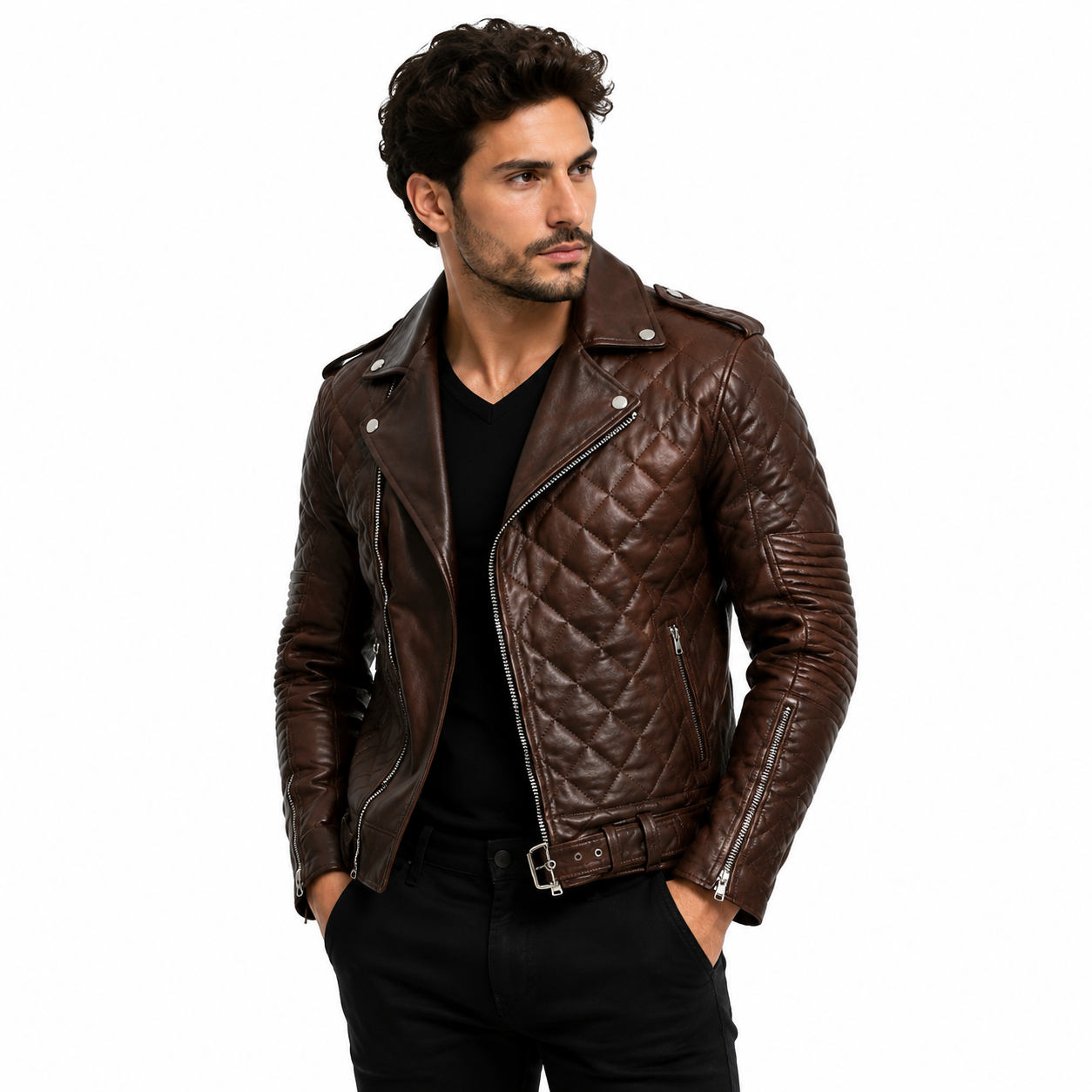 Men's Quilted Biker Brown Leather Jacket