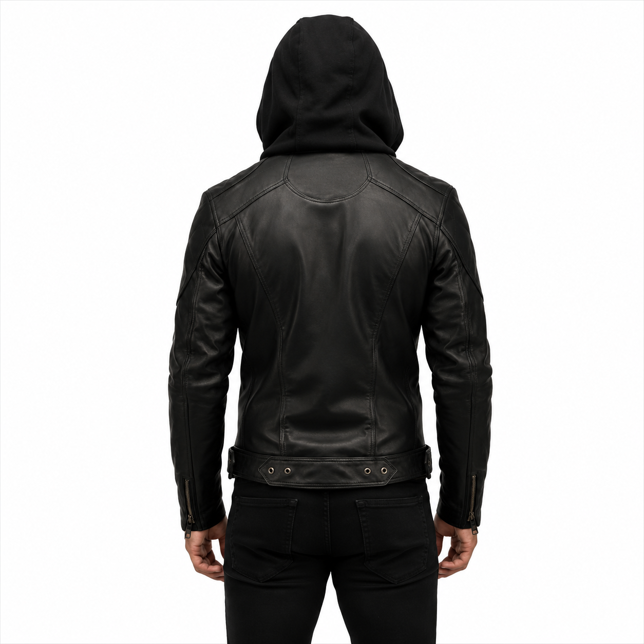 Black Leather Biker Jacket with Detachable Hood