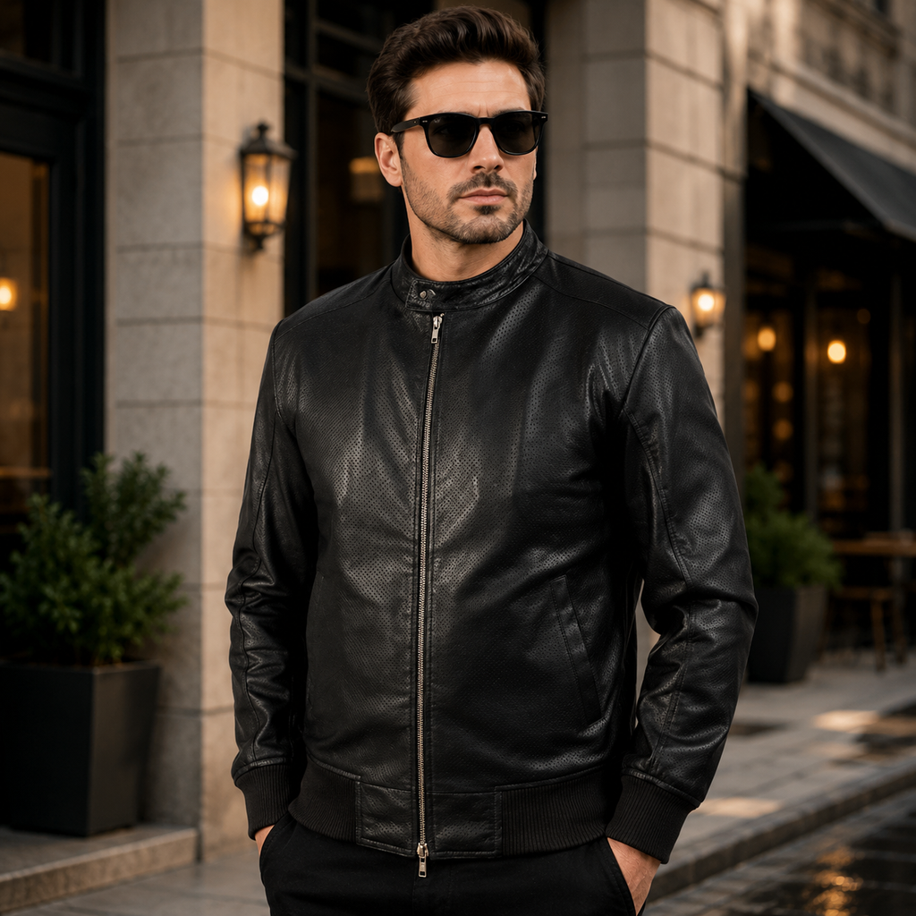Avan Black & Maroon Leather Bomber Jacket