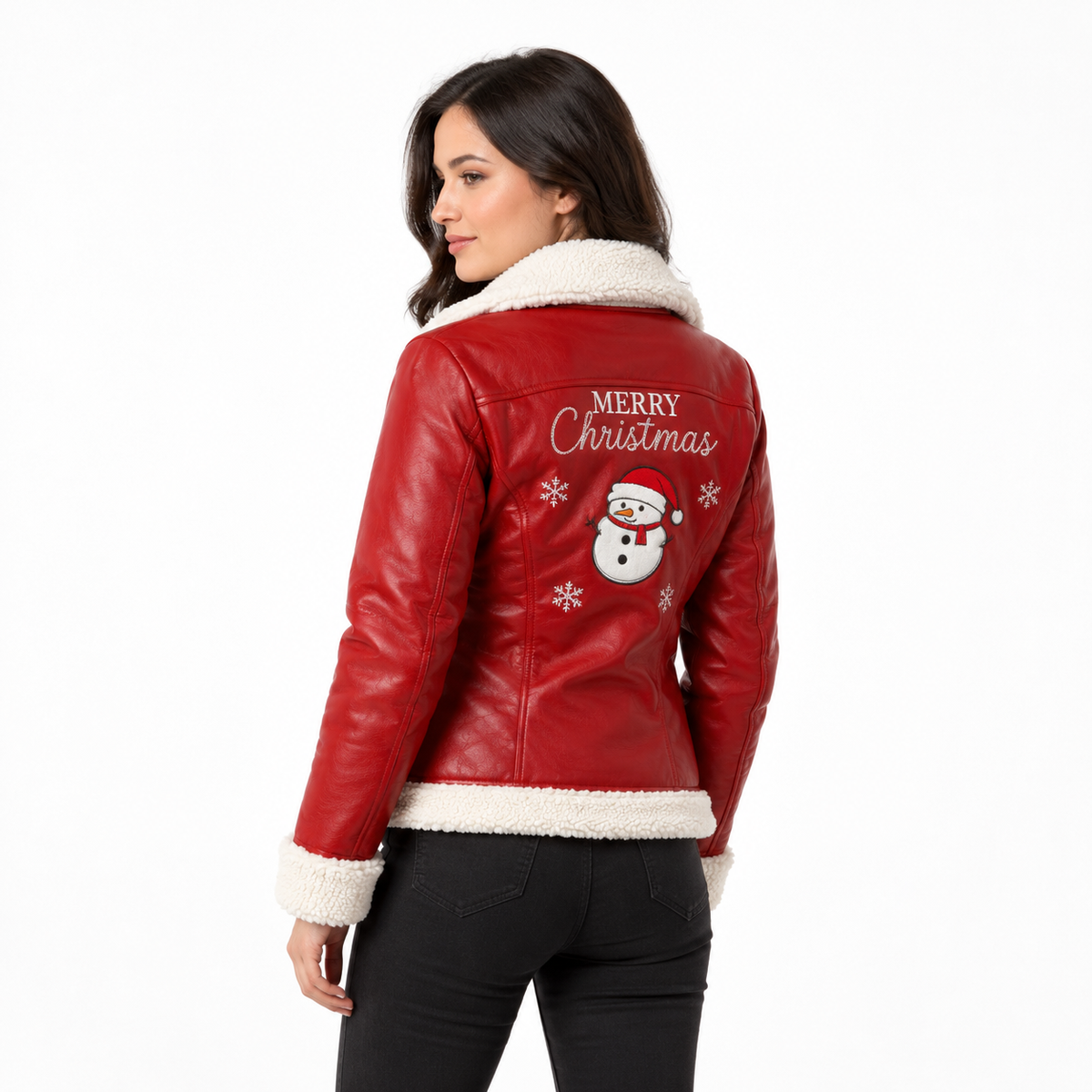 women's red Christmas aviator jacket with white shearling collar and zip pockets