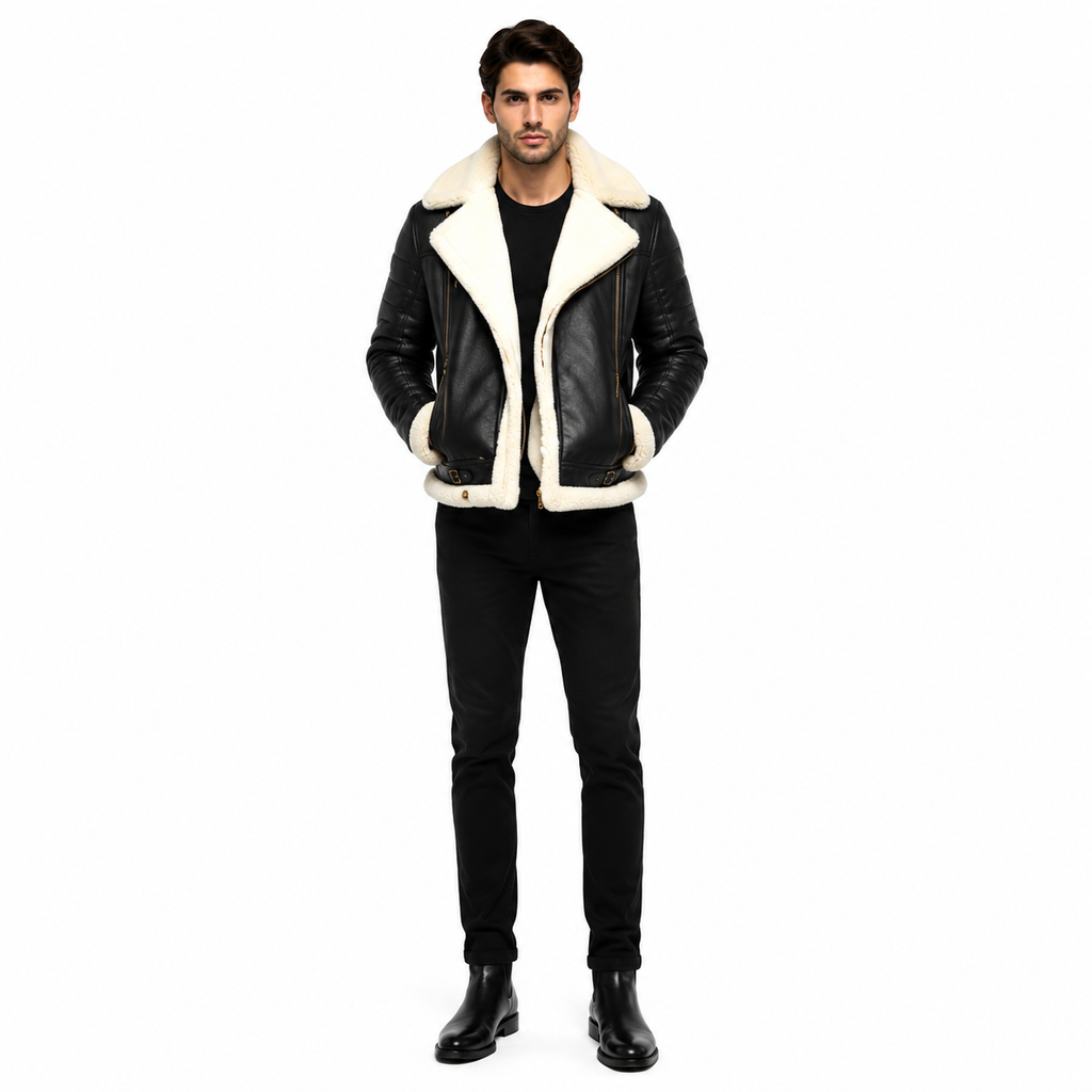 Men's Black Shearling Leather Jacket Winter Outfit