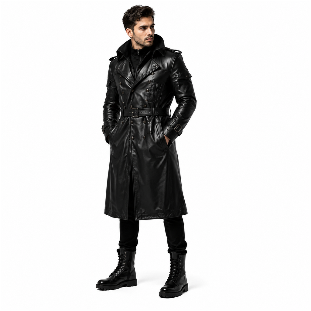 Men's Double Breasted Black Leather Trench