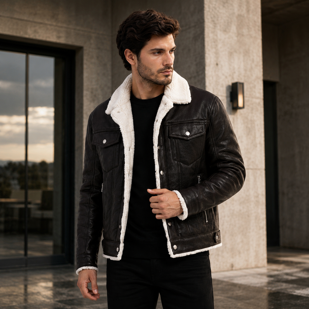 Men's black leather shearling trucker jacket