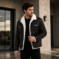 Men's black leather shearling trucker jacket