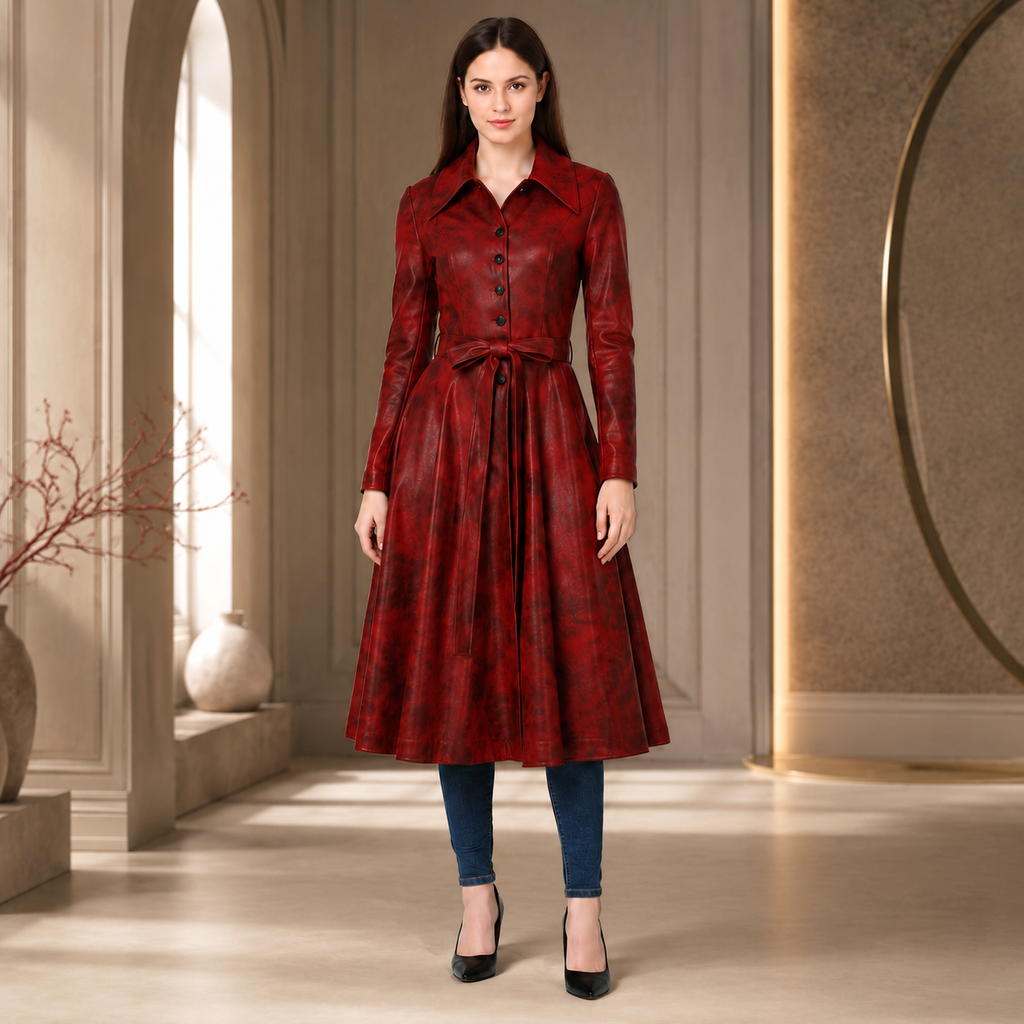Women's Red Leather Fit and Flare Coat with Jeans Outfit