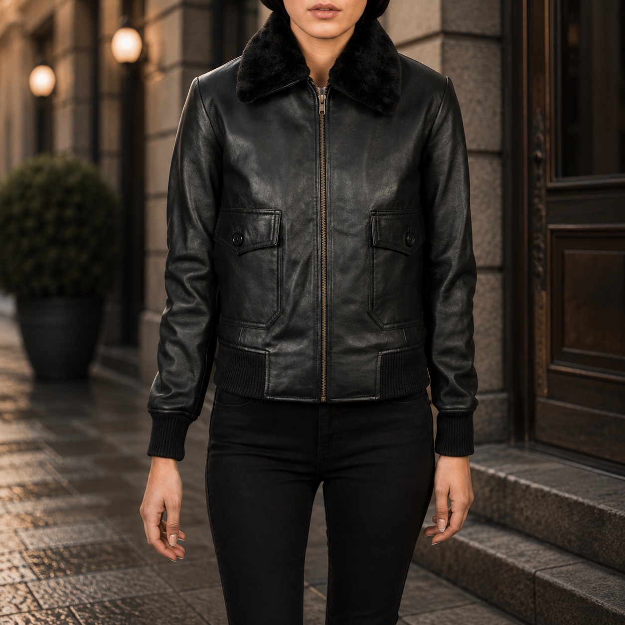 Women's Black Shearling Collar Aviator Leather Jacket