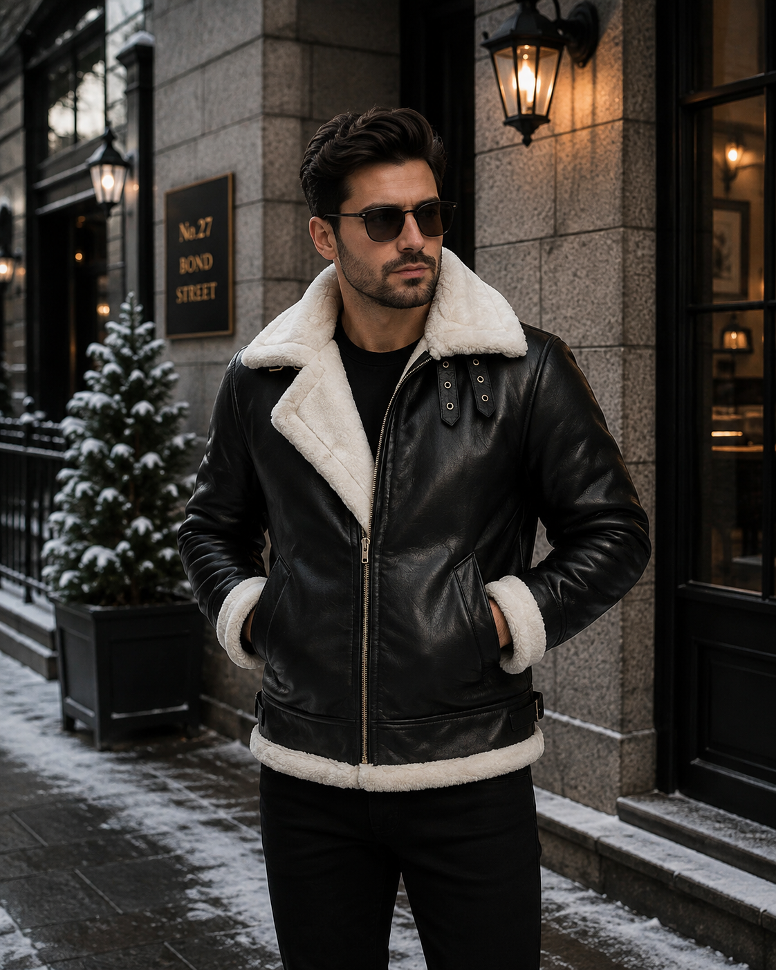 Men's Black Shearling Bomber Leather Jacket 