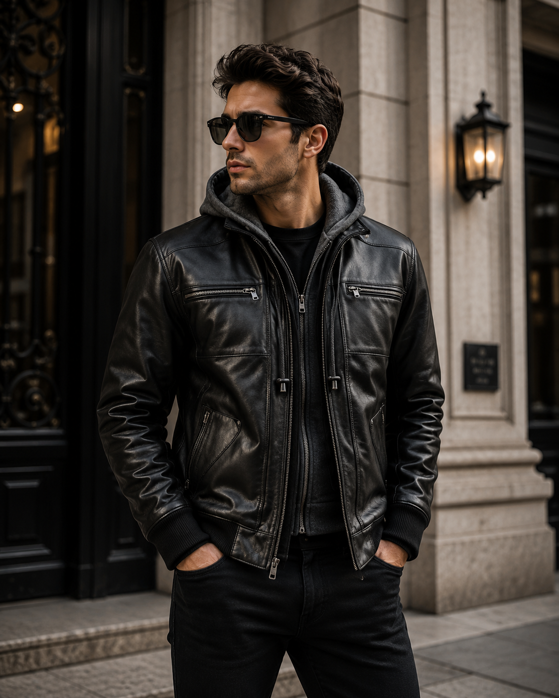 Men's Black Leather Hooded Bomber Jacket