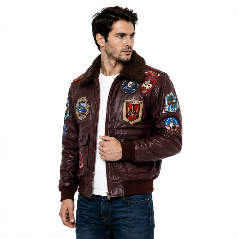 Men's Brown Genuine Leather Top Gun Bomber Jacket with Shearling Collar