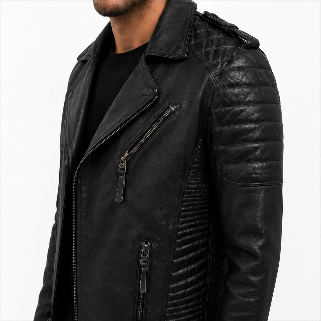 Men's Stealth Black Asymmetric Leather Biker Jacket