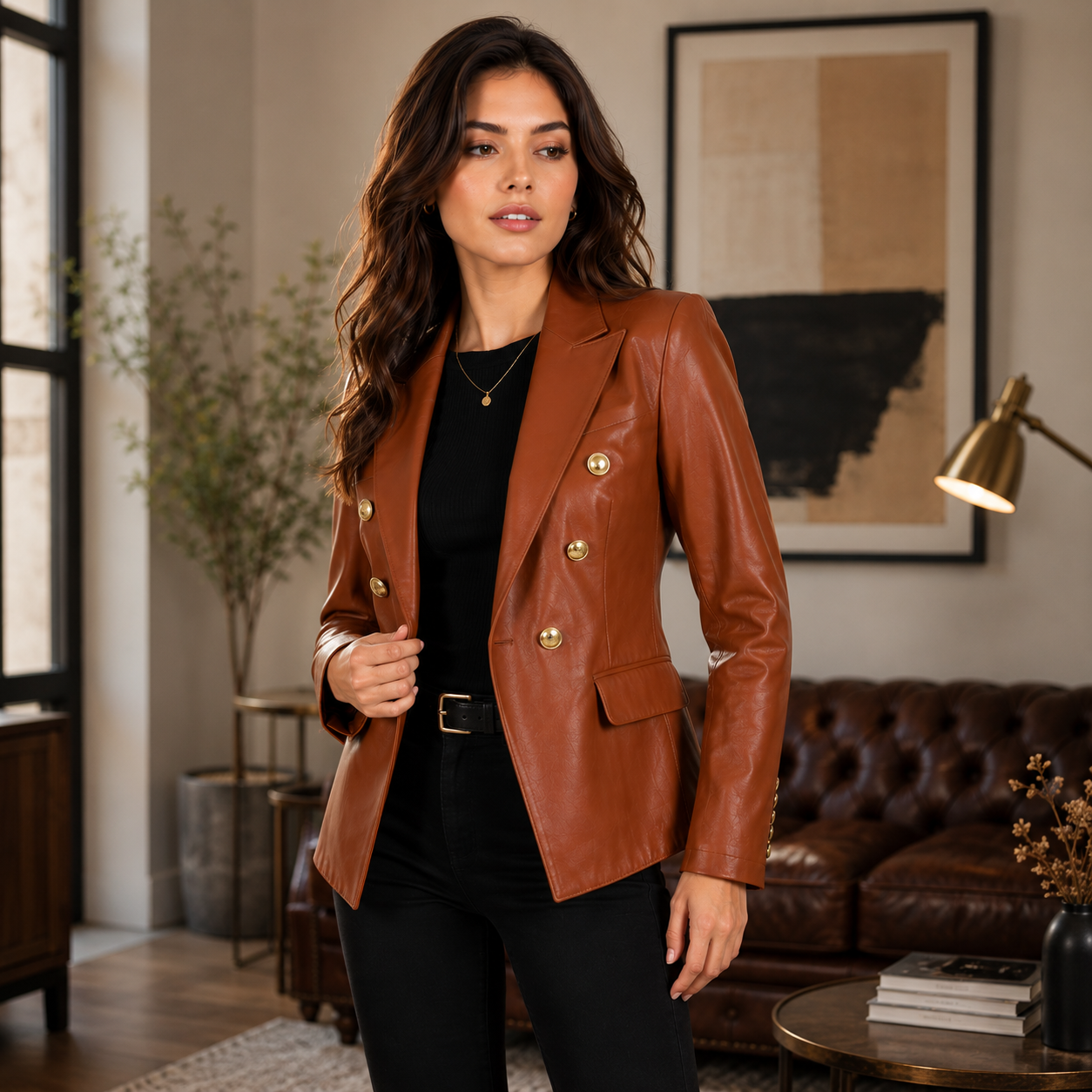 Women's Tan Brown Leather Double Breasted Blazer Jacket with Gold Buttons