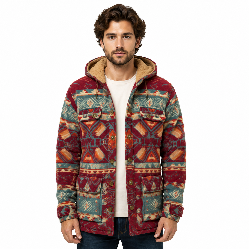 Men's Burgundy Aztec Button Down Sherpa Shacket