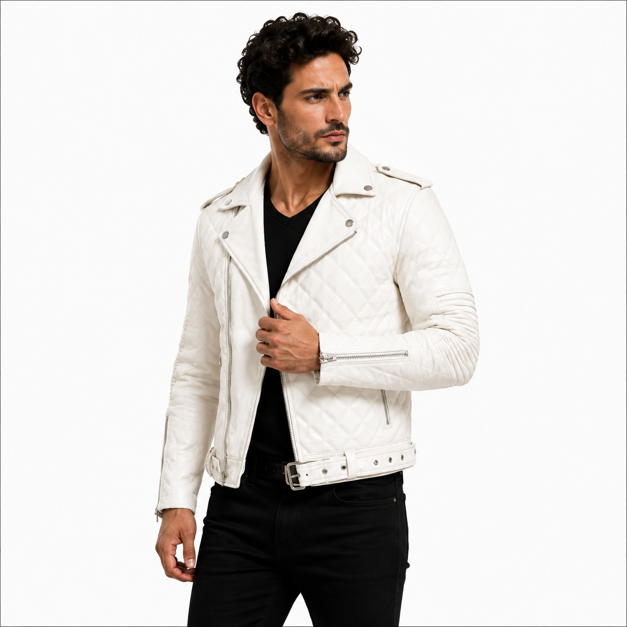 Men's Quilted White Biker Leather Jacket