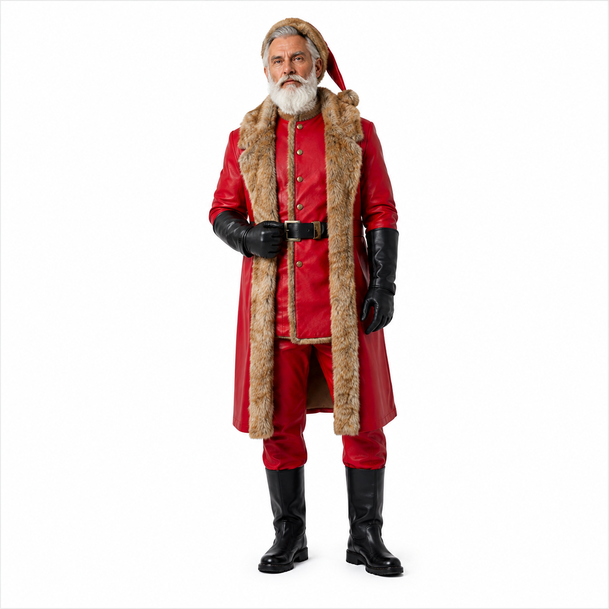 Santa Inspired Red Faux Leather Coat Costume with Faux Fur Trim – Christmas Holiday Outfit