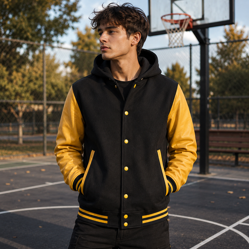 Men's Black and Mustard Yellow Hooded Varsity Jacket with Leather Sleeves