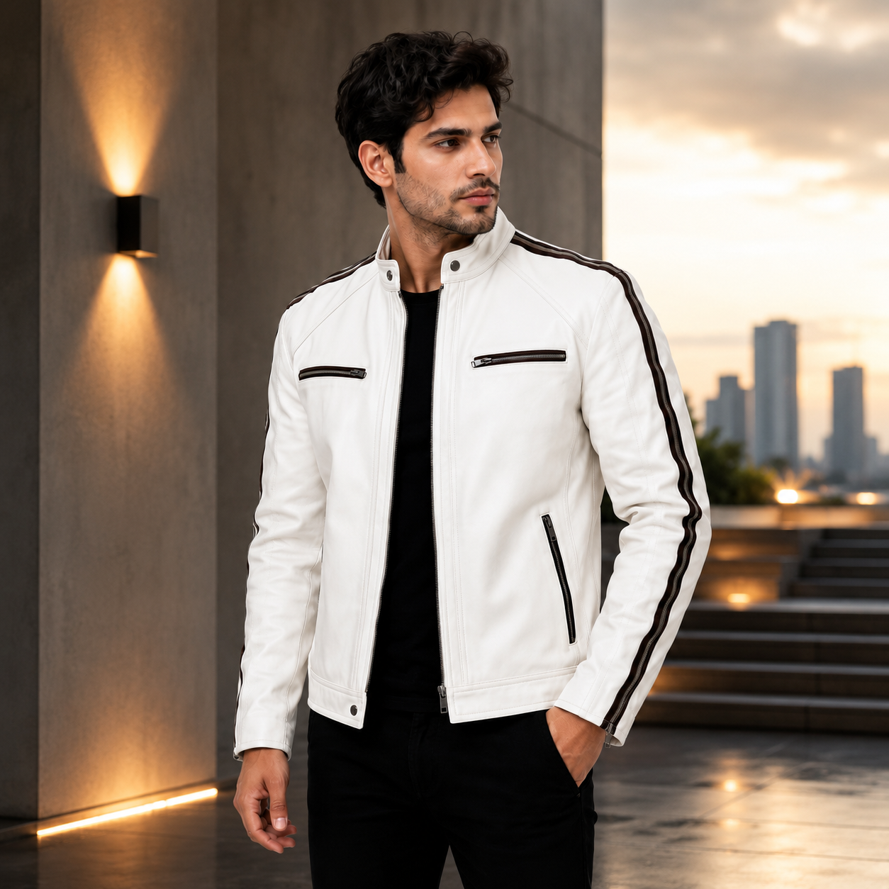 Men's White Premium Leather Biker Jacket