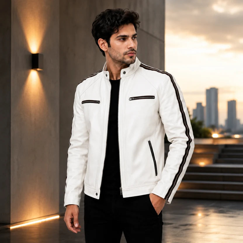 White Black Stripe Cafe Racer Leather Jacket