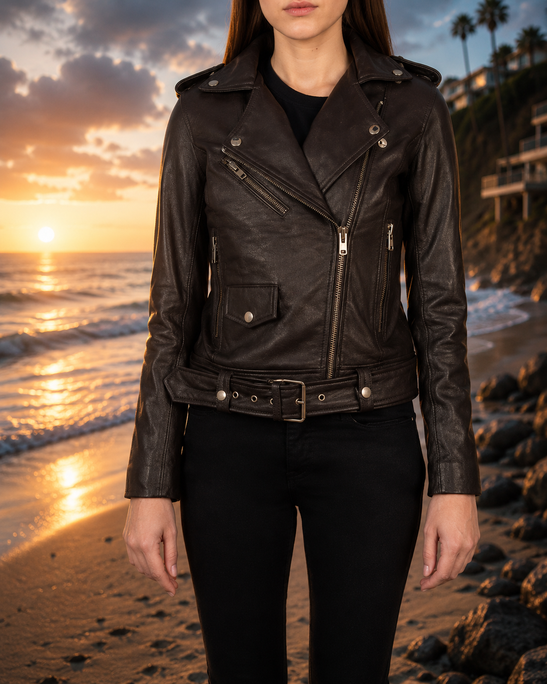 Women's Black Belted Biker Leather Jacket