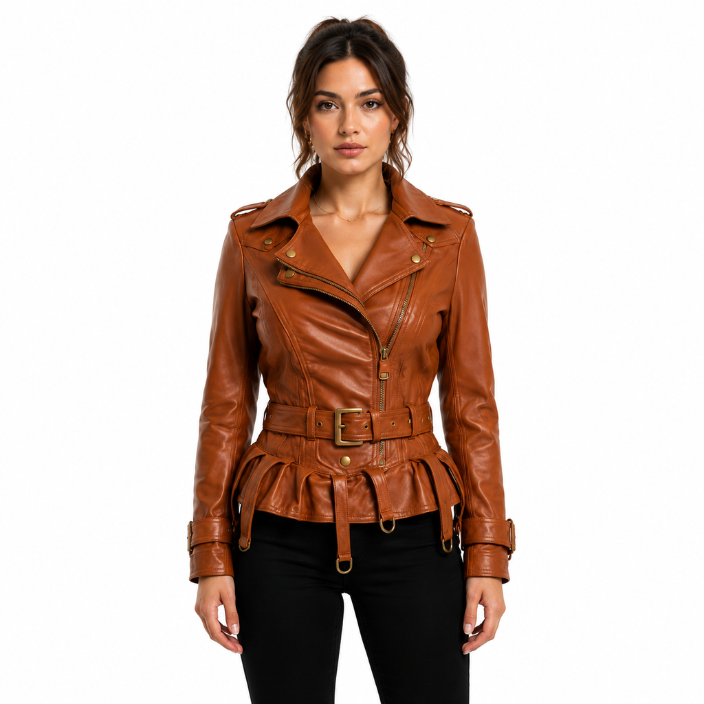 Women's Cognac Brown Peplum Belted Leather Biker Jacket