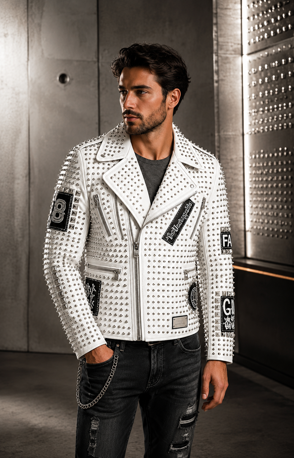 White studded leather biker jacket