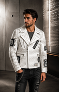 White studded leather biker jacket