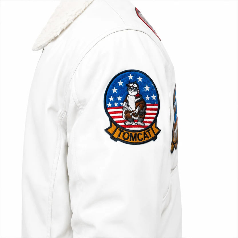 White Leather Bomber Jacket with Embroidered Patches on Sleeves