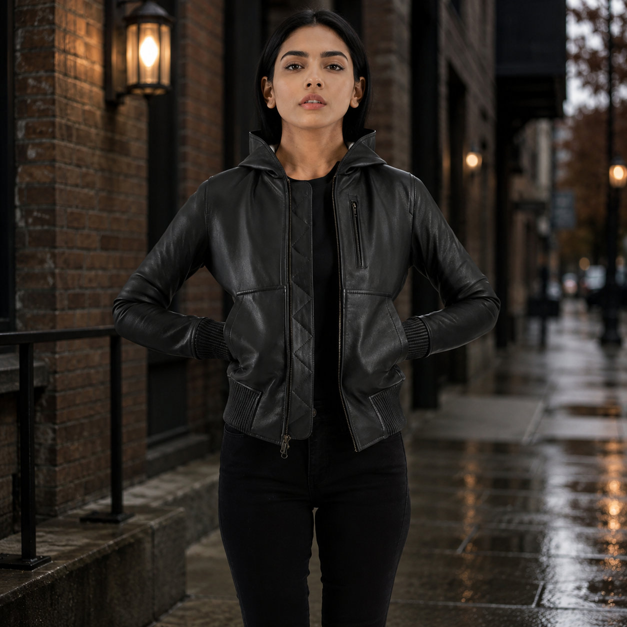 Women's Black Hooded Leather Jacket
