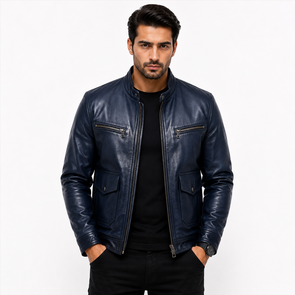 Men's navy blue leather café racer jacket