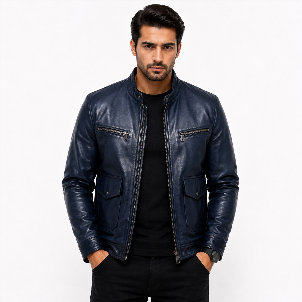 Men's navy blue leather café racer jacket