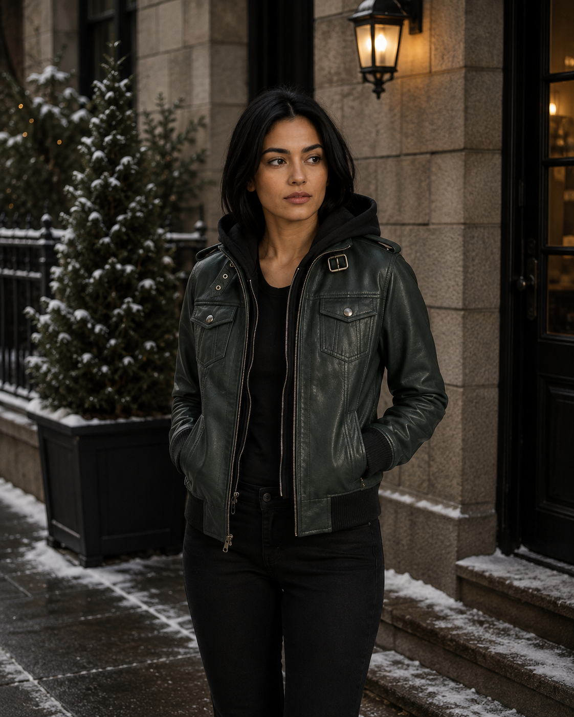 Women's Dark Green Leather Hooded Bomber Jacket