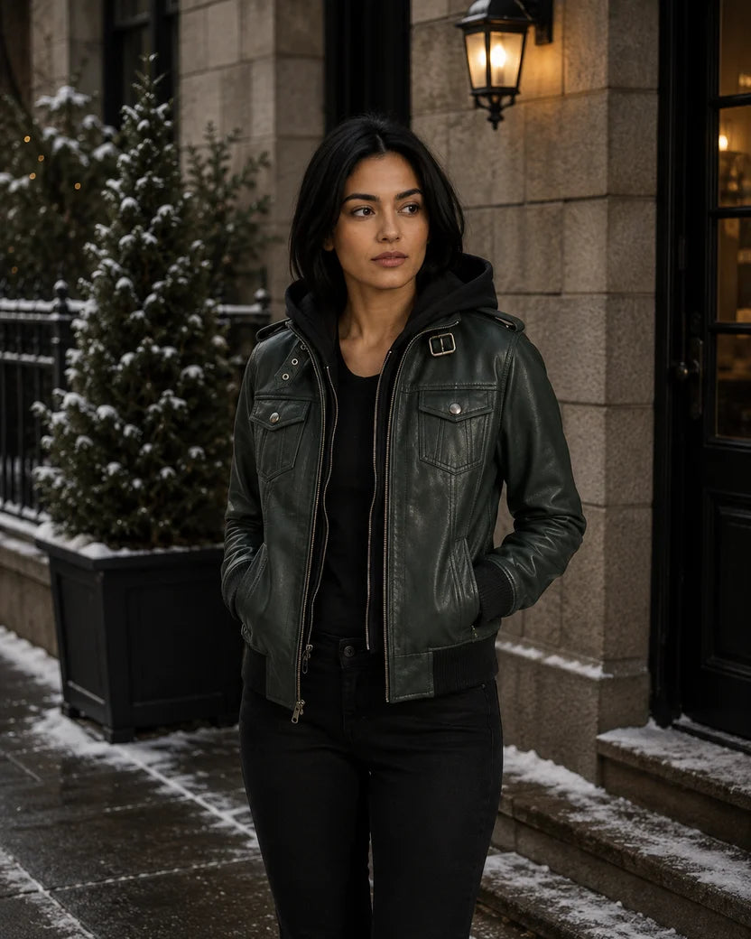 Women's Brown Genuine Leather Hooded Jacket