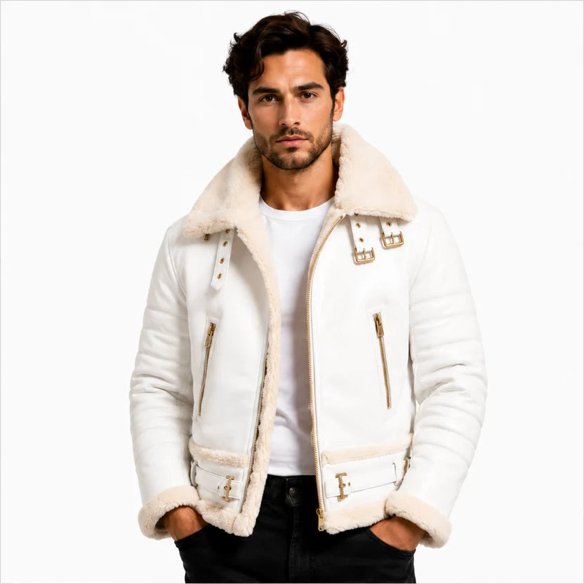 Men's White Shearling Bomber Jacket