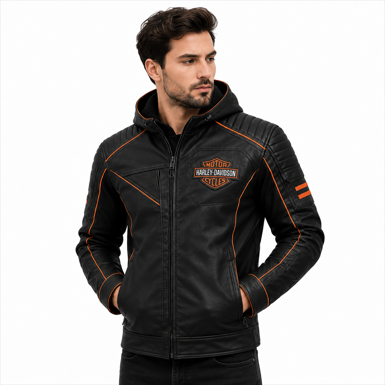 Men's Black Hooded Leather Motorcycle Jacket Streetwear Outfit