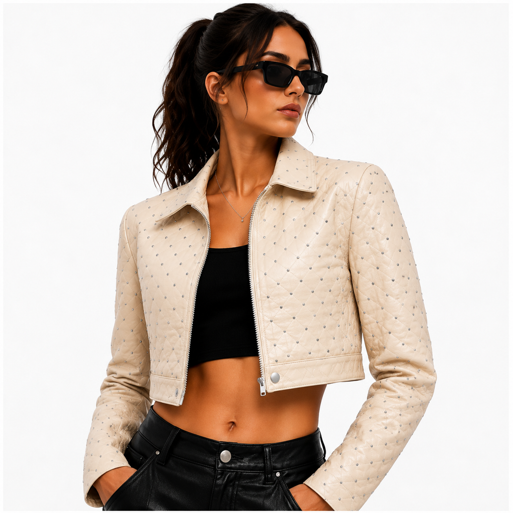 Women's Cream Cropped Studded Leather Jacket